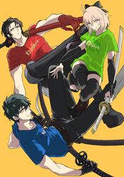  1girl 2boys ahoge arts_shirt belt black_gloves black_hair bow buster_shirt fate/grand_order fate_(series) gloves grey_hair hair_bow hijikata_toshizou_(fate) katana multiple_boys okita_souji_(fate) okita_souji_(fate)_(all) orange_background over_shoulder pants quick_shirt red_gloves saitou_hajime_(fate) smile sword thigh-highs toeless_footwear toeless_legwear weapon weapon_over_shoulder 