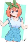  1girl bangs blue_background blue_eyes blush breasts collarbone commentary_request cowboy_shot eyebrows_behind_hair go-toubun_no_hanayome green_ribbon grin hair_between_eyes hair_ribbon highres kujou_karasuma looking_at_viewer medium_breasts nakano_yotsuba orange_hair overall_shorts overalls ribbon shirt short_sleeves signature smile solo standing strap_slip thigh_gap two-tone_background white_background white_shirt 