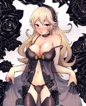  1340smile 1girl absurdres babydoll black_flower black_rose blush camisole chemise corrin_(fire_emblem) corrin_(fire_emblem)_(female) fire_emblem fire_emblem_fates flower frills hairband highres lace lingerie long_hair navel negligee nightgown pointy_ears red_eyes ribbon rose silver_hair solo spaghetti_strap thigh-highs underwear white_hair 