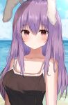  1girl :/ absurdres alternate_costume animal_ears aohane bangs bare_shoulders beach black_swimsuit blush breasts closed_mouth clouds collarbone commentary_request day eyebrows_visible_through_hair hair_between_eyes highres horizon long_hair looking_at_viewer medium_breasts one-piece_swimsuit outdoors purple_hair rabbit_ears reisen_udongein_inaba solo sweat swimsuit touhou upper_body violet_eyes water 