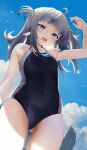  1girl bangs black_swimsuit blue_eyes blue_sky blunt_bangs breasts casual_one-piece_swimsuit clouds cowboy_shot fish_tail from_above from_below gawr_gura highres hololive hololive_english looking_at_viewer medium_hair multicolored_hair one-piece_swimsuit seicoh shark_tail sharp_teeth silver_hair sky small_breasts solo streaked_hair swimsuit tail teeth two_side_up 