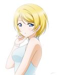  1girl alternate_hair_length alternate_hairstyle ayase_eli bangs bare_shoulders bead_bracelet beads blonde_hair blue_eyes bracelet breasts commentary_request dress ear_piercing from_side hand_in_hair hand_up highres jewelry large_breasts light_blush looking_at_viewer love_live! love_live!_school_idol_project parted_lips piercing shiratama_(siratama_ll) short_hair simple_background sleeveless sleeveless_dress solo swept_bangs upper_body white_background white_dress 