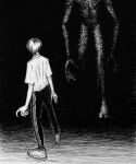  1boy dark greyscale hatching_(texture) highres horror_(theme) long_arms long_fingers looking_at_another looking_up male_focus monochrome monster original pants shoes sketch sneakers standing sweatpants walking xreamm 