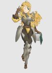  1girl absurdres ahoge alternate_costume armor bangs blonde_hair blue_eyes book breastplate circlet ebinku fire_emblem fire_emblem_fates full_body gloves highres holding holding_book holding_weapon long_hair looking_at_viewer one_eye_closed ophelia_(fire_emblem) weapon 