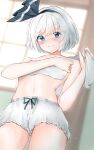  1girl 258n bandages bloomers blue_eyes blush covering covering_breasts hairband indoors konpaku_youmu navel ribbon sarashi short_hair silver_hair solo thighs topless touhou underwear underwear_only white_bloomers window wrapping 