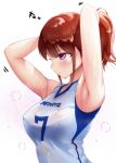  1girl armpits arms_up blush breasts brown_hair covered_nipples dripping highres jersey looking_ahead medium_breasts motion_lines original sak1023 shiny shiny_hair simple_background sportswear steam sweat sweaty_clothes tying_hair uniform violet_eyes volleyball volleyball_uniform white_background 