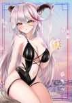  1girl absurdres aegir_(azur_lane) azur_lane black_swimsuit breasts center_opening cross cross_earrings cup demon_horns earrings eyebrows_visible_through_hair hair_on_horn highres holding holding_cup horns ice ice_cube iron_cross jewelry large_breasts long_hair looking_at_viewer min1910 multicolored_hair ocean redhead sitting solo stone streaked_hair swimsuit thigh_strap thighs two-tone_hair very_long_hair water white_hair yellow_eyes 