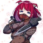 1girl airship_assassin_wraith apex_legends appear blue_eyes breasts brown_bodysuit colored_inner_hair cosplay flower hiichigo_shure holding holding_knife knife kunai looking_at_viewer mashiro_(rikuya) mask mechanical_wings medium_breasts mouth_mask multicolored_hair portrait purple_hair redhead second-party_source solo twitter_username virtual_youtuber watermark weapon white_background wings wraith_(apex_legends) wraith_(apex_legends)_(cosplay) 