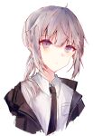  1girl 7160824 absurdres black_jacket black_neckwear closed_mouth eyebrows_visible_through_hair girls_frontline grey_hair highres jacket jacket_pull long_hair looking_at_viewer m200_(girls_frontline) necktie open_clothes open_jacket shirt solo violet_eyes white_background white_shirt 