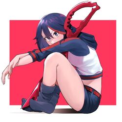  1girl belt black_footwear black_hair highres hood hoodie kill_la_kill kumaartsu long_sleeves loose_socks matoi_ryuuko multicolored_hair redhead scissor_blade short_hair shorts sitting solo streaked_hair thigh-highs two-tone_hair 