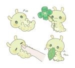  1other :3 animal_focus ayu_(mog) caterpillar clover eating fingers flying_sweatdrops four-leaf_clover green_theme leaf original signature simple_background smile symbol_commentary white_background 