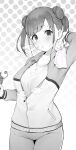  1girl absurdres blush bottle breasts breath copyright_request cowboy_shot double_bun greyscale hand_up highres holding holding_bottle jacket kotoribako large_breasts long_sleeves looking_at_viewer monochrome pants shirt solo standing sweat towel towel_around_neck track_suit twintails 