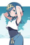  1girl armpits arms_behind_head blue_eyes blue_hair blue_sky breasts clouds covered_navel day highres lana_(pokemon) long_hair looking_at_viewer pokemon pokemon_(game) pokemon_sm short_hair sky small_breasts solo swimsuit swimsuit_under_clothes two-tone_background white_background yokoyoko_(nazonazo) 