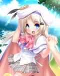  1girl 1other beret blonde_hair blue_eyes blue_sky bow cape clouds commentary_request cowboy_shot day dress fang grey_skirt hat highres holding_hands kud_wafter little_busters!! long_hair looking_at_viewer noumi_kudryavka open_mouth outdoors pink_bow plaid plaid_skirt pleated_dress school_uniform shirt skirt sky smile thigh-highs white_cape white_headwear white_shirt zen 