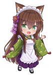  1girl :d animal_ear_fluff animal_ears apron bangs bell black_footwear blush brown_hair cat_ears chibi commentary_request eyebrows_visible_through_hair flower frilled_apron frills full_body green_eyes green_kimono hair_between_eyes hair_flower hair_ornament hakama iroha_(iroha_matsurika) japanese_clothes jingle_bell kimono long_hair long_sleeves looking_at_viewer maid_apron maid_headdress open_mouth original purple_flower purple_hakama red_flower shoes simple_background smile socks solo standing standing_on_one_leg very_long_hair wa_maid white_apron white_background white_legwear wide_sleeves 