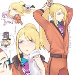  1boy adjusting_hair avery_(pokemon) bangs blonde_hair blush blush_stickers closed_mouth collared_shirt commentary_request floating_hair galarian_form galarian_ponyta gen_5_pokemon gen_8_pokemon hair_tie highres holding holding_towel jacket long_hair male_focus multiple_views orange_jacket orange_pants pants pokemon pokemon_(creature) pokemon_(game) pokemon_swsh ponytail purple_shirt running shirt sidelocks staring sweat thought_bubble towel translation_request tudurimike white_background woobat zipper_pull_tab 