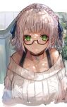  1girl black-framed_eyewear black_choker blue_ribbon breasts choker closed_mouth collarbone glasses green_eyes hair_ribbon highres hololive large_breasts looking_at_viewer nyucha ribbon semi-rimless_eyewear shirogane_noel short_hair smile snowflake_choker solo sweater under-rim_eyewear upper_body virtual_youtuber white_hair white_sweater 