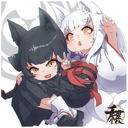  2girls :d animal_ear_fluff animal_ears bangs bead_necklace beads black_footwear black_hakama blush commentary_request eyebrows_visible_through_hair fang fox_ears fox_girl fox_tail hakama hand_up highres japanese_clothes jewelry kimono kuro_(kuro_kosyou) kuro_kosyou long_sleeves looking_at_viewer multiple_girls necklace open_mouth original shiro_(kuro_kosyou) short_eyebrows siblings sisters smile socks tabi tail thick_eyebrows tomoe_(symbol) twins v white_kimono white_legwear wide_sleeves yellow_eyes zouri 