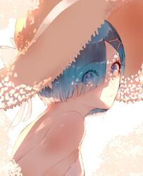  1girl bare_shoulders blue_eyes blue_hair brown_headwear charu_(mmg_g99) eyebrows_visible_through_hair eyes_visible_through_hair hair_ornament hairclip hat hat_ribbon looking_at_viewer off_shoulder parted_lips re:zero_kara_hajimeru_isekai_seikatsu rem_(re:zero) ribbon short_hair smile solo upper_body 