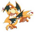  absurdres charizard claws closed_mouth fang fang_out fangs fire flame gen_1_pokemon highres legs_apart looking_to_the_side morio_(poke_orio) multiple_views no_humans open_mouth outstretched_arms pokemon pokemon_(creature) simple_background smile standing tongue white_background 
