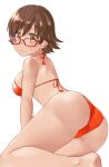  1girl aimobake ass bad_id bad_twitter_id bangs barefoot bespectacled bikini breasts brown_hair closed_mouth commentary eyebrows_visible_through_hair from_behind frown glasses halterneck highres honda_mio idolmaster idolmaster_cinderella_girls looking_at_viewer looking_back lying medium_breasts on_side orange_eyes red-framed_eyewear red_bikini short_hair simple_background solo swimsuit white_background 