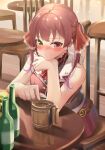  absurdres alcohol bare_shoulders blush chair drink eyebrows_visible_through_hair green_eyes hair_between_eyes hair_ribbon hand_on_own_cheek hand_on_own_face hand_on_table highres hololive houshou_marine hp2 looking_at_viewer red_eyes redhead ribbon sitting solo_focus table treasure virtual_youtuber 
