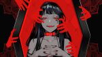  1girl bangs bare_shoulders black_nails character_request collar collarbone commentary_request disembodied_limb eye_(vocaloid) fingernails hands_clasped highres interlocked_fingers lam_(ramdayo) long_hair nail_polish official_art open_mouth own_hands_together red_collar red_eyes red_theme solo_focus teeth tongue vocaloid 