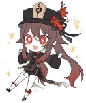  1girl :3 :d absurdly_long_hair bangs black_shorts brown_hair chibi chinese_clothes commentary_request eyebrows_visible_through_hair flower full_body genshin_impact hair_between_eyes hara_(xper8243) hat hat_flower hat_ornament highres hu_tao_(genshin_impact) long_hair long_sleeves looking_at_viewer open_mouth outstretched_arms red_eyes shorts sidelocks simple_background smile solo spread_arms symbol-shaped_pupils twintails very_long_hair 