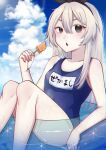  1girl absurdres alternate_costume black_hairband blonde_hair blue_sky blue_swimsuit breasts clouds day food grey_eyes hairband highres holding holding_food huge_filesize iwori_1412 kantai_collection long_hair name_tag one-piece_swimsuit outdoors popsicle school_swimsuit shimakaze_(kancolle) sky small_breasts solo swimsuit 