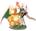  1boy arm_up bangs baseball_cap cape champion_uniform charizard claws closed_eyes dark-skinned_male dark_skin dynamax_band facial_hair fangs fire flame fur-trimmed_cape fur_trim gen_1_pokemon gloves grass grin hand_on_hip hat highres leggings leon_(pokemon) long_hair male_focus morio_(poke_orio) open_mouth pokemon pokemon_(creature) pokemon_(game) pokemon_swsh purple_hair red_cape shield_print shirt shoes short_shorts short_sleeves shorts single_glove smile standing sword_print tongue w white_legwear white_shorts white_wristband wristband 