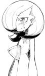  1girl arms_at_sides bangs blush bob_cut closed_mouth commentary cowboy_shot crying flat_chest gardevoir gen_3_pokemon greyscale hair_over_one_eye half-closed_eyes lotosu monochrome pokemon pokemon_(creature) sad shiny shiny_hair short_hair simple_background sketch solo standing tears transparent wavy_mouth white_background 