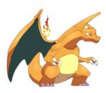  charizard claws closed_mouth commentary_request fangs fangs_out fire flame full_body gen_1_pokemon green_eyes legs_apart morio_(poke_orio) no_humans pokemon pokemon_(creature) simple_background smile solo standing white_background 