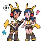  1boy 1girl alternate_costume ash_ketchum bangs black_hair blue_eyes blue_hair blush_stickers brown_legwear brown_shorts closed_mouth commentary_request dododo_dadada eyelashes fingerless_gloves gloves hairband headphones heart hikari_(pokemon) holding holding_instrument holding_microphone instrument kagamine_len_(cosplay) kagamine_rin_(cosplay) keyboard_(instrument) leg_warmers long_hair microphone navel pokemon pokemon_(anime) pokemon_dppt_(anime) pokemon_ears pokemon_tail shirt shoes short_hair short_sleeves shorts spoken_squiggle squiggle standing tail white_shirt yellow_hairband 