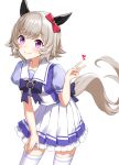  1girl animal_ears commentary_request curren_chan_(umamusume) highres horse_ears horse_girl horse_tail kiki-yu leaning_forward looking_at_viewer ribbon school_uniform silver_hair simple_background smile solo tail thigh-highs umamusume v violet_eyes white_background white_legwear 