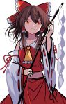  1girl bangs bare_shoulders bow brown_hair closed_mouth collar detached_sleeves e.o. eyebrows_visible_through_hair eyes_visible_through_hair gohei hair_between_eyes hair_tubes hakurei_reimu hands_up highres light long_sleeves looking_at_viewer orange_eyes red_bow red_shirt red_skirt shadow shirt short_hair simple_background sketch skirt solo touhou white_background white_sleeves yellow_neckwear 