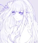  1girl bare_shoulders blush braid charu_(mmg_g99) closed_mouth commentary_request emilia_(re:zero) eyebrows_visible_through_hair eyelashes fingernails flower frilled_sleeves frills grey_background hair_flower hair_ornament hair_ribbon long_eyelashes long_hair long_sleeves monochrome pointy_ears re:zero_kara_hajimeru_isekai_seikatsu ribbon simple_background smile solo upper_body wide_sleeves 