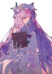  1girl book charu_(mmg_g99) crescent fingernails frills green_ribbon hair_ribbon hat holding holding_book long_hair open_book patchouli_knowledge purple_hair purple_headwear red_ribbon ribbon simple_background solo striped striped_clothes touhou very_long_hair violet_eyes white_background 