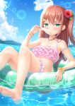  1girl 7fuji_06 absurdres aqua_background ass bangs barefoot blush brown_hair clouds collarbone commentary feet flower food glaring hair_flower hair_ornament hairclip highres jewelry jitome long_hair looking_at_viewer necklace original popsicle scrunchie seashell shell shell_hair_ornament sky soles solo swimsuit thigh_strap thighs toes water wrist_scrunchie yellow_scrunchie 