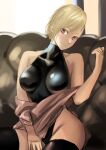  1girl bare_shoulders black_legwear black_leotard blonde_hair breasts brown_eyes buzz_cut closed_mouth couch highres kilye_kairi large_breasts latex latex_leotard leotard looking_at_viewer off_shoulder on_couch original short_hair sitting smile solo thigh-highs very_short_hair 