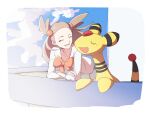  1girl ampharos bow brown_hair closed_eyes clouds commentary_request crossed_arms day dress eyelashes floating_hair gen_2_pokemon green_dress gym_leader hair_bobbles hair_ornament jasmine_(pokemon) leaning_forward light_blush long_hair morio_(poke_orio) open_mouth orange_bow outdoors pokemon pokemon_(creature) pokemon_(game) pokemon_hgss sky smile tongue two_side_up |d 