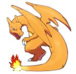  blurry charizard claws fangs fire flame full_body gen_1_pokemon green_eyes highres looking_back morio_(poke_orio) no_humans open_mouth pokemon pokemon_(creature) simple_background solo tongue white_background 
