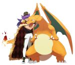  1boy argyle baseball_cap cape champion_uniform charizard claws commentary_request dark-skinned_male dark_skin dynamax_band facial_hair fangs fire flame fur-trimmed_cape fur_trim gen_1_pokemon gloves grin hat highres leggings leon_(pokemon) long_hair male_focus morio_(poke_orio) one_eye_closed open_mouth partially_fingerless_gloves petting pokemon pokemon_(creature) pokemon_(game) pokemon_swsh purple_hair red_cape shoes short_shorts short_sleeves shorts simple_background smile standing teeth tongue white_background white_legwear white_shorts yellow_eyes 