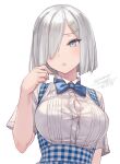  1girl artist_name blue_eyes blush breasts buttons collared_shirt dated hair_ornament hair_over_one_eye hairclip hamakaze_(kancolle) highres kantai_collection kobeya_uniform large_breasts open_mouth rokuwata_tomoe shirt short_hair short_sleeves signature silver_hair solo twitter_username upper_body white_shirt 