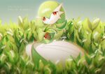 1girl bangs blue_sky blurry blurry_foreground bob_cut closed_mouth colored_skin commentary dated day flat_chest flower french_text full_body gardevoir gen_3_pokemon gradient_sky green_hair green_skin hair_between_eyes half-closed_eyes hand_up happy holding holding_flower lily_of_the_valley looking_to_the_side lotosu multicolored multicolored_skin outdoors pokemon pokemon_(creature) red_eyes shiny shiny_hair short_hair sitting sky smile solo translation_request two-tone_skin white_flower white_skin 