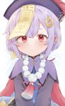  1girl absurdres bangs bead_necklace beads bow cape coin_hair_ornament commentary_request genshin_impact hair_between_eyes hair_bow hair_ribbon hat highres jewelry jiangshi long_hair long_sleeves looking_at_viewer necklace nima0v0 ofuda purple_hair qing_guanmao qiqi_(genshin_impact) red_eyes ribbon sidelocks simple_background solo v_arms white_background 