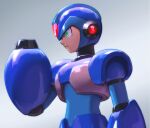  1boy android arm_at_side arm_cannon armor blue_bodysuit blue_headwear bodysuit closed_mouth commentary_request from_side gradient gradient_background green_eyes grey_background hand_up helmet highres hoshi_mikan male_focus mega_man_(series) mega_man_x_(character) mega_man_x_(series) profile robot_ears serious simple_background solo upper_body weapon 