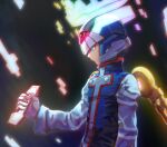  1boy alternate_eye_color android arm_at_side blue_eyes blue_robe closed_mouth commentary_request cross_print from_side glowing halo helmet holding hoshi_mikan long_sleeves male_focus mega_man_(series) mega_man_x_(character) mega_man_zero robe serious solo upper_body 