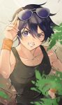  1boy androgynous bangs black_hair bobutsuki eyewear_on_head highres jojo_no_kimyou_na_bouken male_focus narancia_ghirga smile solo solo_focus sunglasses tank_top upper_body vento_aureo violet_eyes 