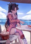  1girl absurdres bangs beach black_hair breasts earrings fate/grand_order fate_(series) fur-trimmed_hood fur-trimmed_legwear fur_trim hair_ribbon highres hood hoop_earrings ishtar_(fate) ishtar_(fate)_(all) ishtar_(swimsuit_rider)_(fate) jacket jewelry lang_che long_hair medium_breasts parted_bangs pink_jacket pink_legwear red_eyes ribbon single_thighhigh sitting smile solo_focus swimsuit table thigh-highs tiara two_side_up white_swimsuit 