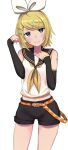  1girl absurdres arm_warmers bangs bare_shoulders belt black_collar black_shorts black_sleeves blonde_hair blue_eyes bow collar collarbone commentary cowboy_shot crop_top hair_bow hair_ornament hairclip hand_on_own_neck hands_up head_tilt highres kagamine_rin light_smile midriff navel neckerchief nishikino_kee sailor_collar school_uniform shirt short_hair short_shorts shorts shoulder_tattoo sleeveless sleeveless_shirt solo standing swept_bangs tattoo thigh_gap treble_clef vocaloid white_bow white_shirt yellow_neckwear 